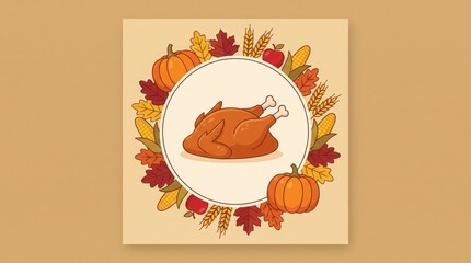 Fototapeta premium Cute roasted Thanksgiving turkey illustration with pumpkins, corn, wheat and colorful autumn harvest leaves