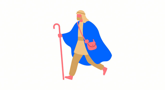 Biblical Shepherd Character Walking with Staff Vector Graphic for Religious Media
