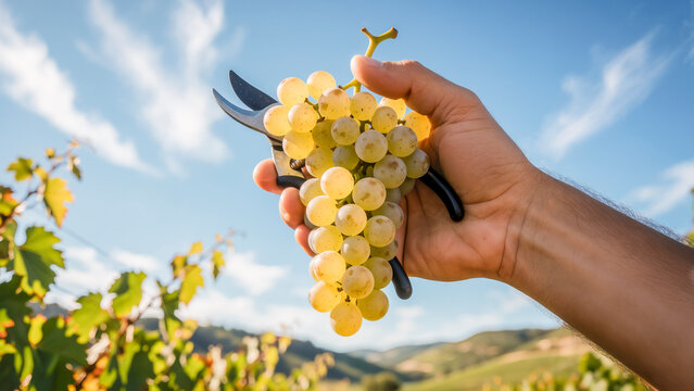 Mano taglia grappolo uva bianca vendemmia