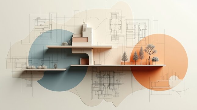 Composici&oacute;n abstracta de planos arquitect&oacute;nicos superpuestos, l&iacute;neas curvas de infraestructura y diagramas estructurales