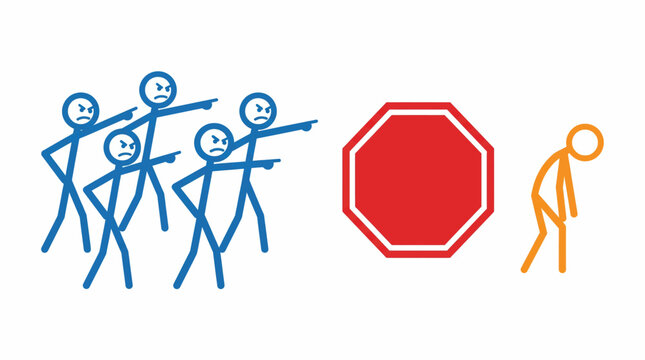 Two blue stick figures point accusingly at a blank red octagonal stop sign on a white.