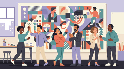 Fototapeta premium Diverse creative team celebrating successful art project in studio with colorful abstract mural background vector illustration