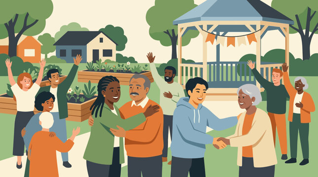 Diverse community members celebrating together in a park with a gazebo and raised garden beds