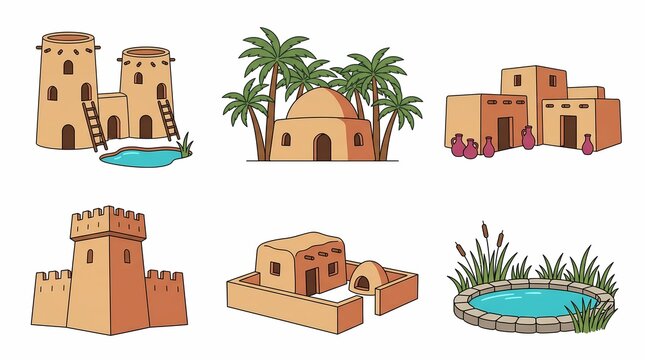 A collection of desert architecture and oasis scenes is depicted in a colorful vector illustration buildings