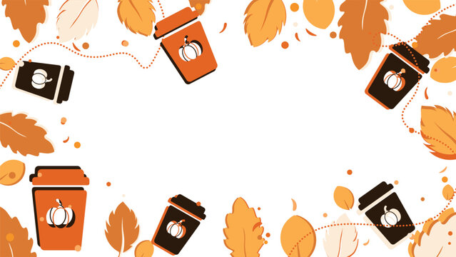 Leaves with scattered autumn pumpin latte coffee cup and copy space frame background.