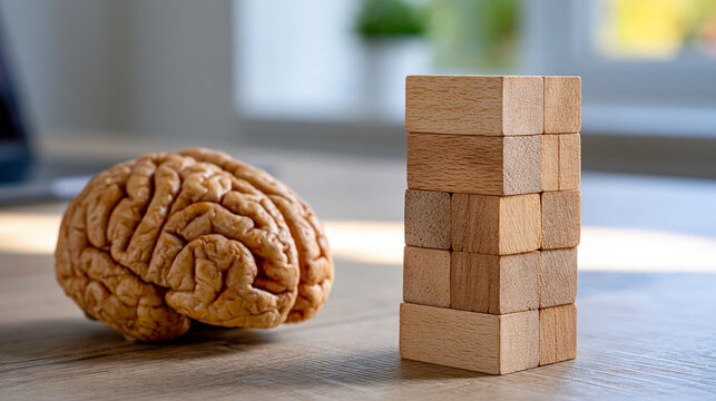 Close up of stacked wooden blocks representing different brain battery levels, one arrangement completely full and another almost empty, symbolic mental energy comparison, burnout and fatigue concep