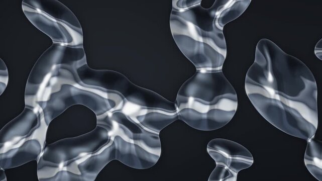 Liquid chrome metal blobs merging and flowing reflective mercury abstract dark background seamless loop in calm silver tones