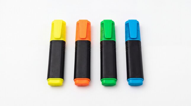 Four colorful plastic highlighter pens arranged in neat row isolated on a clean on white background