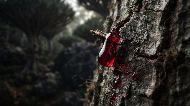 Crimson red dragons blood resin droplet on dracaena bark macro