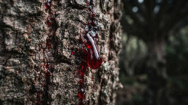 Crimson red dragons blood resin droplet on dracaena bark macro