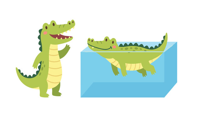Cute crocodile cartoon characters standing and swimming in water tank flat vector illustration on white