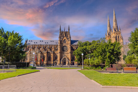 Saint Mary&rsquo;s cathedral Church religious place of worship Sydney NSW Australia Saint Marys Cathedral Sydney. viewed from Hyde Park