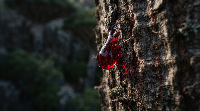 Crimson red dragons blood resin droplet on dracaena bark macro
