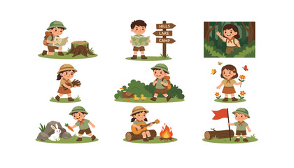 Fototapeta premium Cute scout children cartoon characters set hiking camping and exploring nature vector elements collection on white