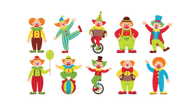 Funny circus clowns cartoon characters set performing tricks juggling and riding unicycle vector elements collection