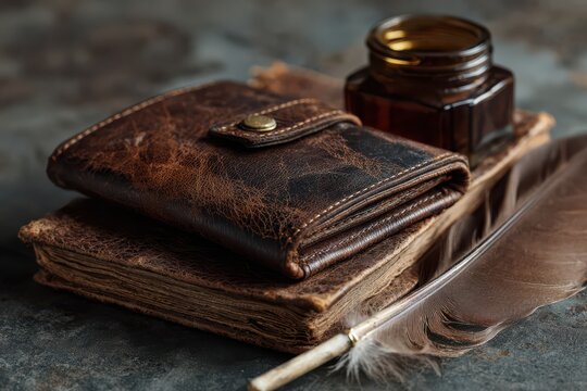 Leather wallet rests on old ledger books with a feather pen and an ink jar in a workspace set for financial planning
