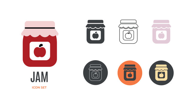 Icon set with homemade jam jar in various styles. Jam text.