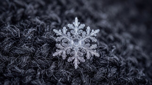Real Snowflake Crystal on Dark Wool Fabric Close Up