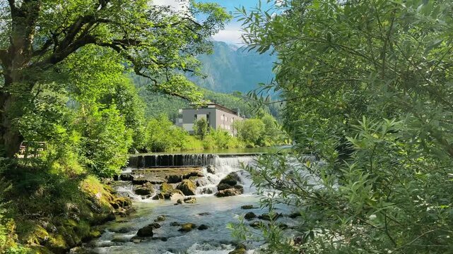 Scenic mountain river with rushing rapids and small cascades in Lofer, Austria, surrounded by lush green forest and Alpine mountains. Peaceful summer nature landscape with flowing water.