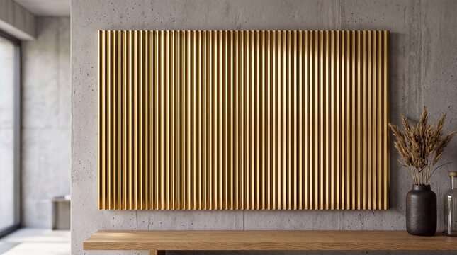 Modern Fluted Golden Wall Panel on Concrete Interior Wall
