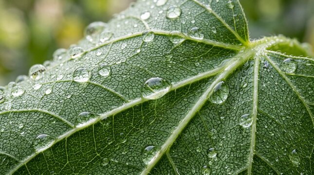 Water Drops on Fresh Green Leaf Close-Up