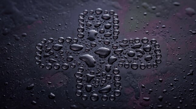 Water Droplets in Medical Cross Shape on Dark Surface
