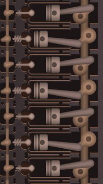 Slow Pan Down an Endless Engine Cutaway With Pistons, Connecting Rods and a Turning Crankshaft, Seamless Loop in bright ember tones vertical 9:16