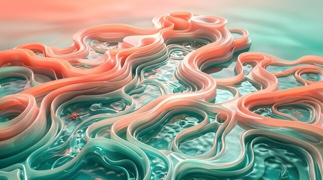 Abstract background of pastel wavy liquid forms in gradient pink and teal colors flowing art.