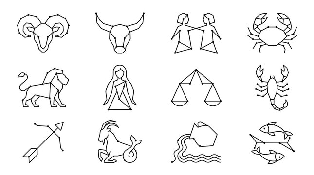 Minimalist zodiac signs collection, 12 geometric astrology icons, black line art horoscope symbols on white background