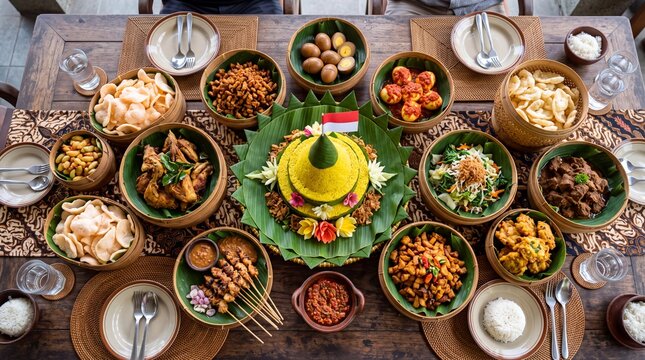 Indonesian Traditional Nasi Tumpeng Feast on Dining Table