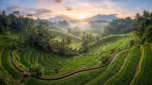 Scenic Rice Terraces at Sunrise with Mountains in Bali