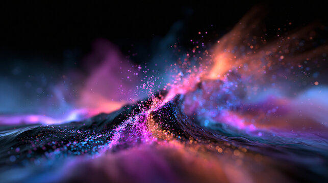 Abstract Neon Fluid Waves with Glowing Particle Dust