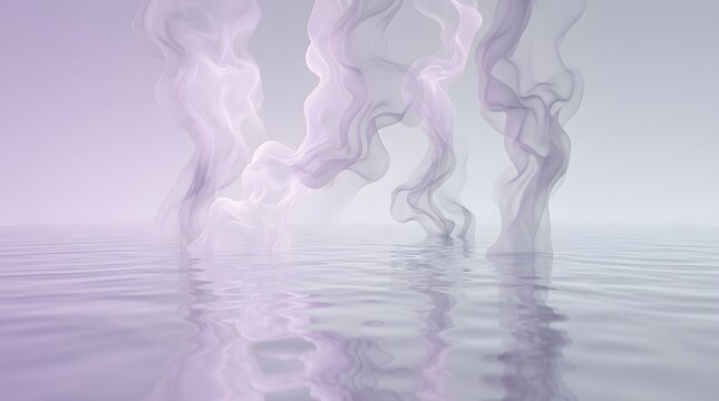 Abstract ethereal purple smoke plumes rising from calm water surface create dreamlike surreal landscape.