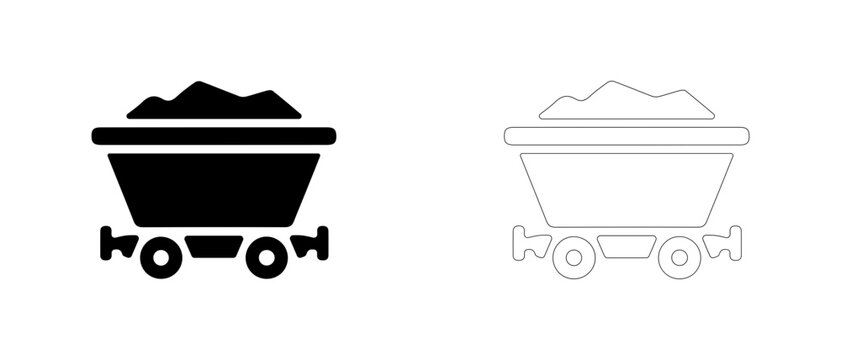 Mine cart filled with ore on tracks vector icon filled and outline, coal mine cart and mineral transport symbol.