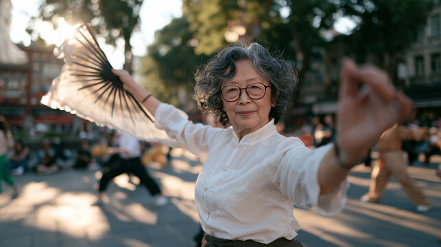 Senior Asian Woman Practicing Tai Chi with Fan Outdoors
