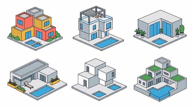 Isometric architectural illustrations depict modern houses with swimming pools and geometric designs on a white background