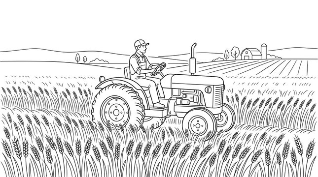 Vintage tractor line art illustration, farmer driving tractor in wheat field, rural farm landscape coloring page design