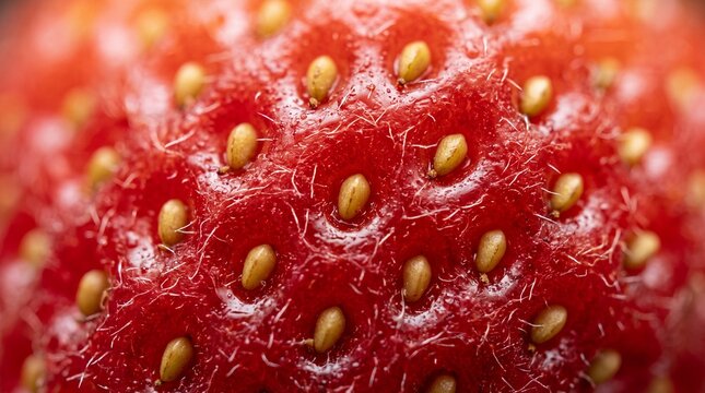 Macro Close Up of Fresh Red Strawberry Skin and Seeds