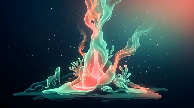 Abstract glowing coral formation with smoke in an underwater-like environment.