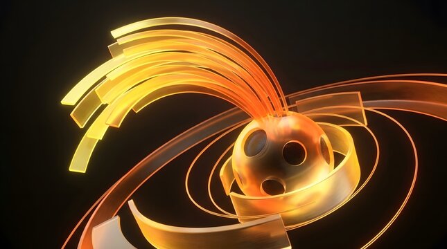 Abstract golden sphere with radiating light fiber optics and surrounding circular rings for futuristic energy or tech communication themes.