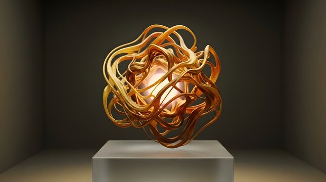 Abstract golden tangled sculpture with internal glowing sphere on gallery display pedestal.