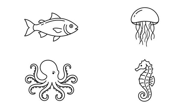 Minimalist sea life line icons set, black and white marine animal illustrations, simple fish octopus jellyfish and seahorse graphics