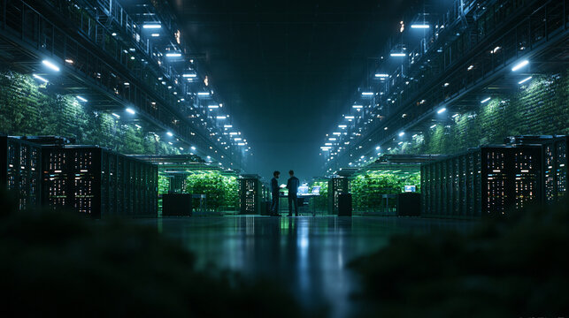 Futuristic Green Data Center with Server Racks and Engineers
