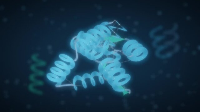 Protein folding ribbon backbone chain twisting into a compact 3D structure seamless loop in cool cyan tones