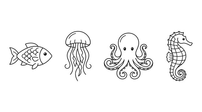 Minimalist sea animal line art icons, set of 4 aquatic creature illustrations, black and white marine life graphics for web design