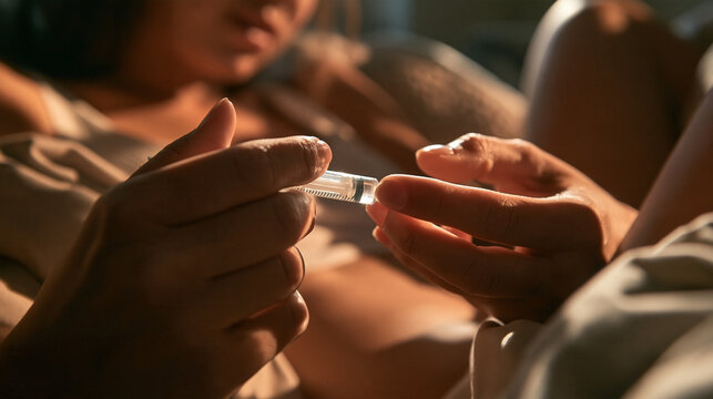 Close-Up of Hands Preparing Syringe for Injection in Bed