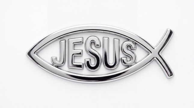 Shiny metallic christian fish symbol with embossed lettering isolated professionally on white background on white background