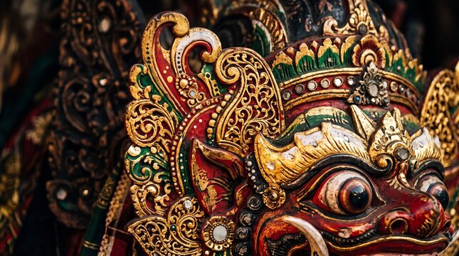 Traditional Balinese Mask with Intricate Gold and Red Carvings
