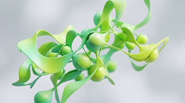 Abstract green fluid nodes and ribbons floating in white space.