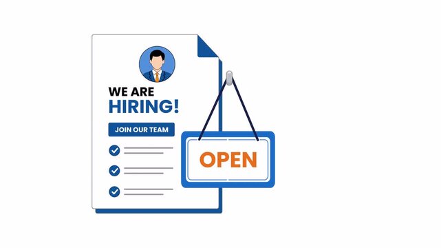 Flat 2D vector animation showing a hiring notice with an open sign, job application checklist, and professional profile for recruitment and employment, alpha channel transparent background 